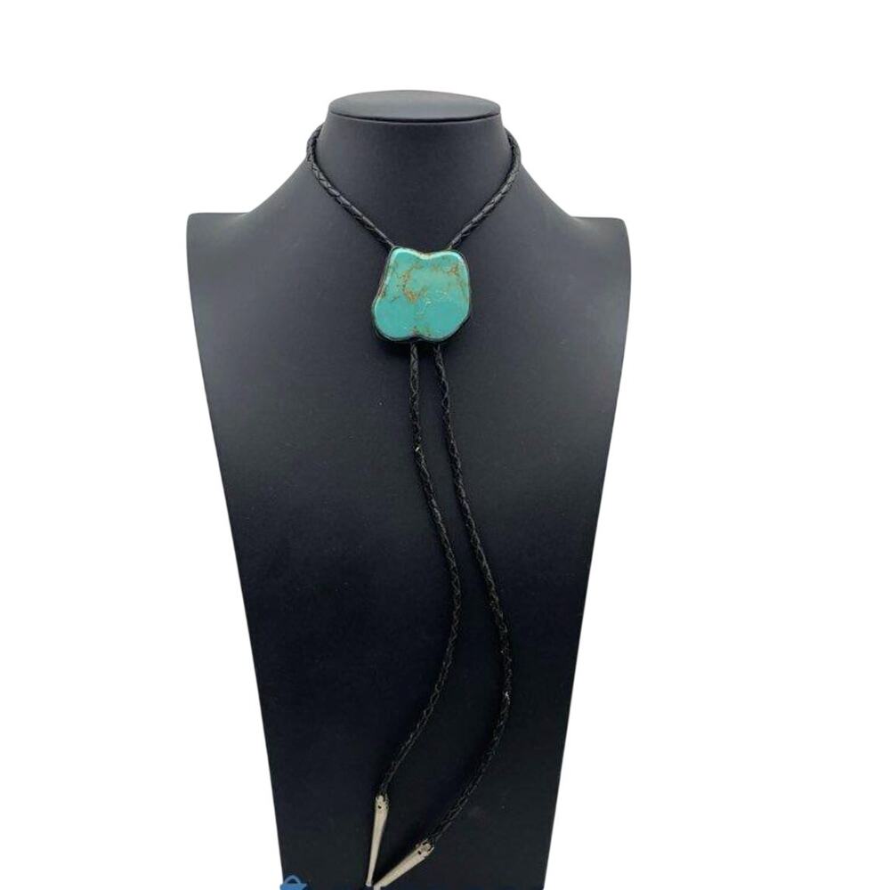 Turquoise Bolo Tie Large Slab Stone Braided Black Leather Western Cowboy Boho